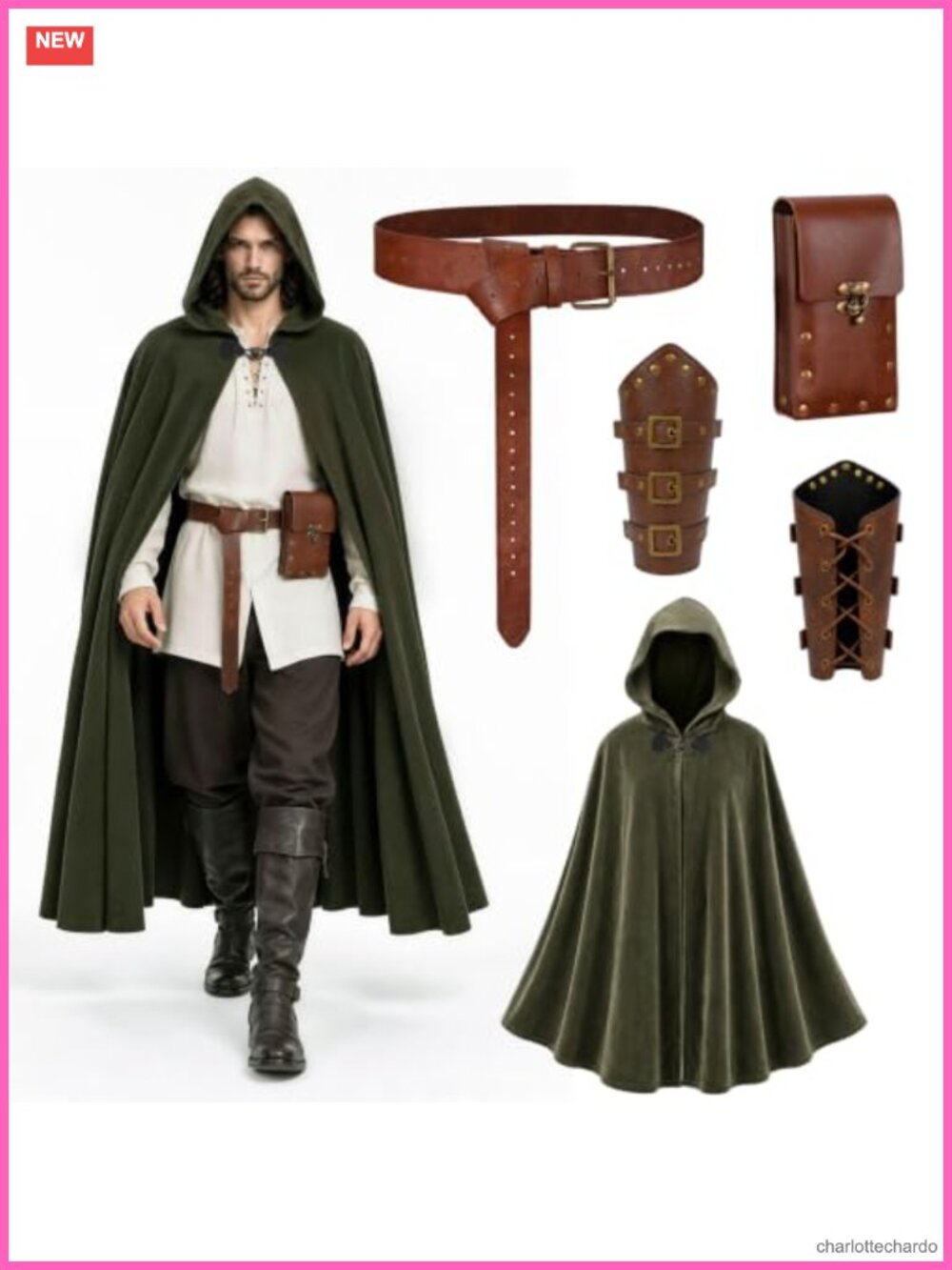 Medieval Hooded Cloak Set Renaissance Belt Bracers Bag Adult Unisex